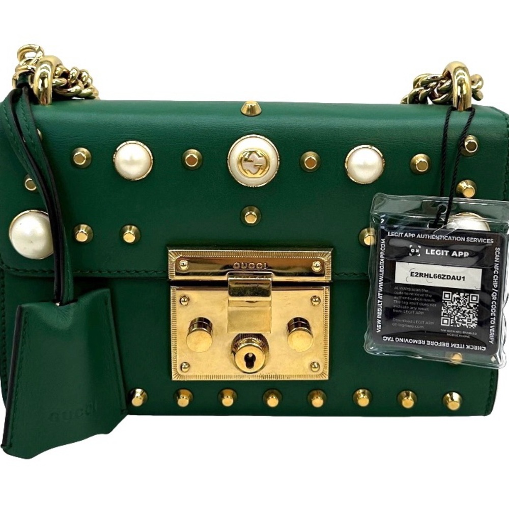 Gucci Green Leather Small Pearl Studded Padlock Shoulder Bag